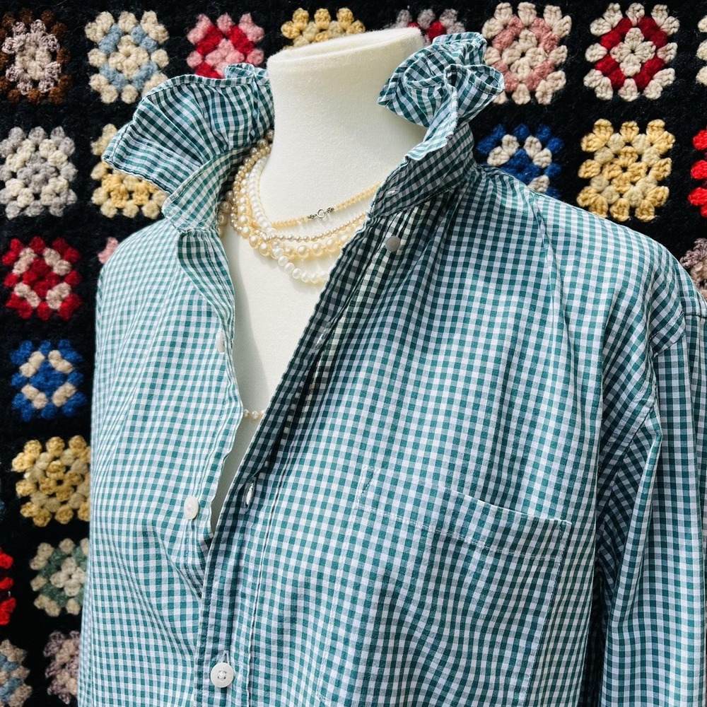 Upcycled J.Crew Michigan State Green & White Micro Check Ruffle Collar Shirt L